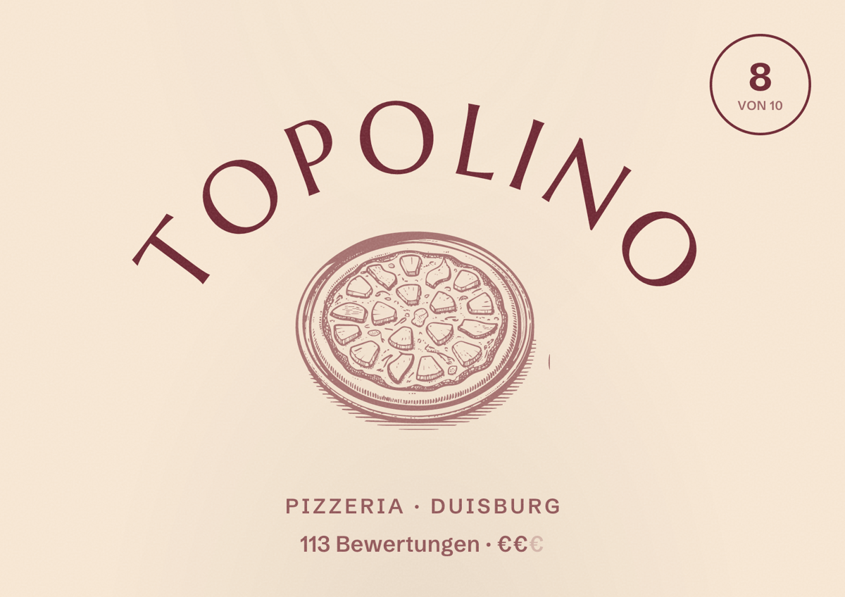 Illustriertes Poster von Topolino, Pizzeria in Duisburg: Bewertung 8 von 10 aus 113 Bewertungen, Preisniveau €€