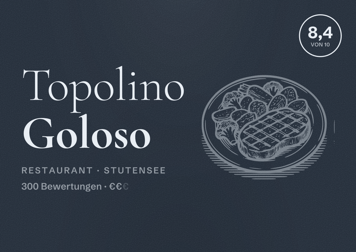 Illustriertes Poster von Topolino Goloso, Restaurant in Stutensee: Bewertung 8,4 von 10 aus 300 Bewertungen, Preisniveau €€