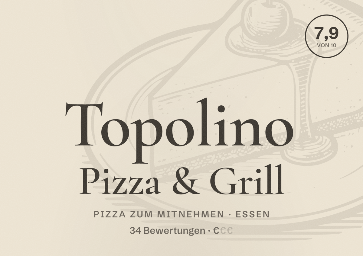 Illustriertes Poster von Topolino Pizza & Grill, Pizza zum Mitnehmen in Essen: Bewertung 7,9 von 10 aus 34 Bewertungen, Preisniveau €