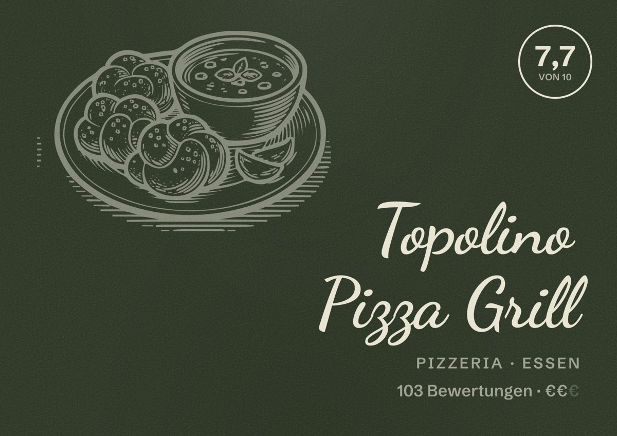 Illustriertes Poster von Topolino Pizza Grill, Pizzeria in Essen: Gästebewertung 7,7 von 10 aus 103 Bewertungen