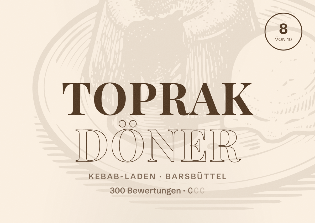 Illustriertes Poster von Toprak Döner, Kebab-Laden in Barsbüttel: Bewertung 8 von 10 aus 300 Bewertungen, Preisniveau €