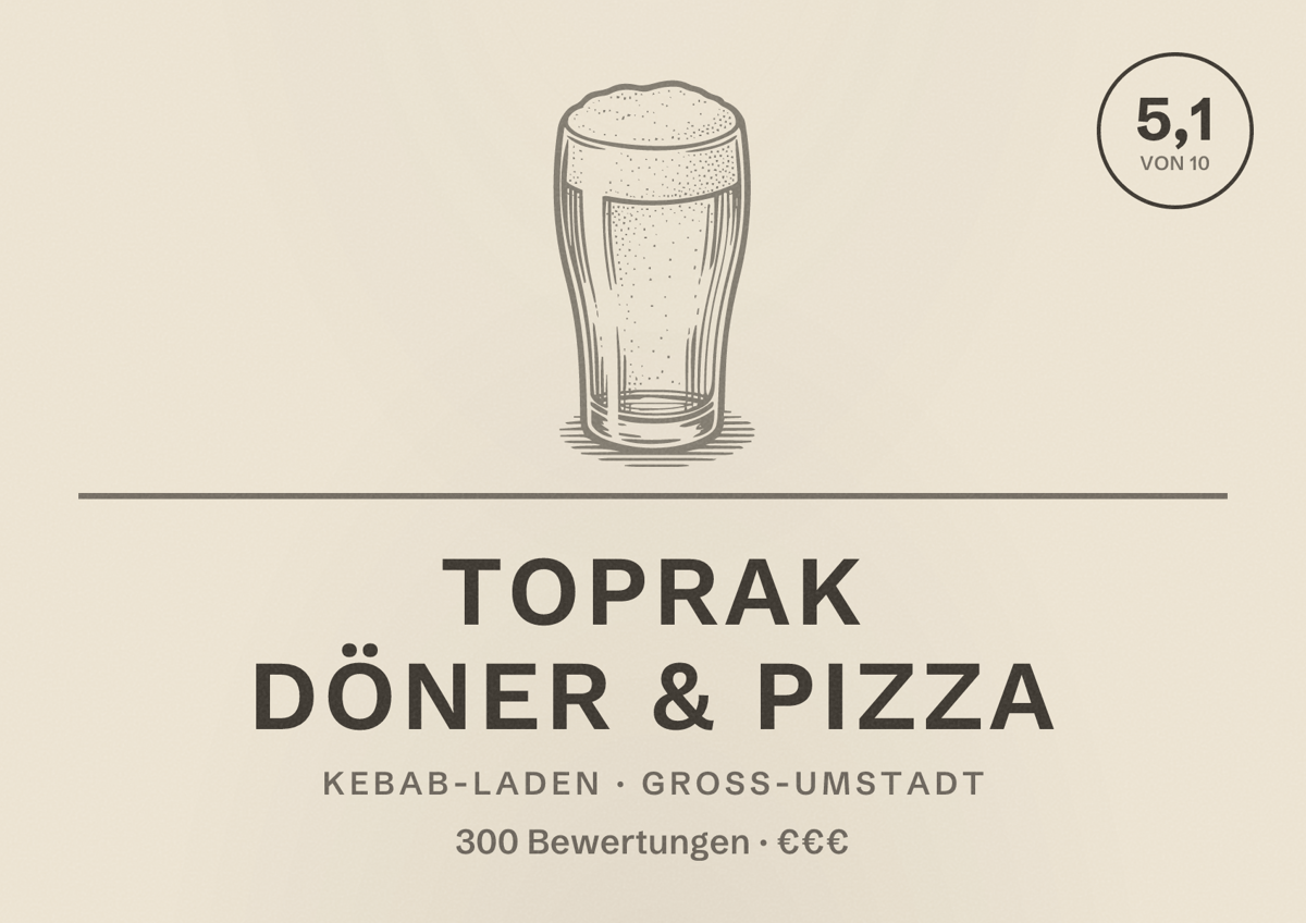 Illustriertes Poster von Toprak Döner & Pizza, Kebab-Laden in Groß-Umstadt: Bewertung 5,1 von 10 aus 300 Bewertungen, Preisniveau €€€