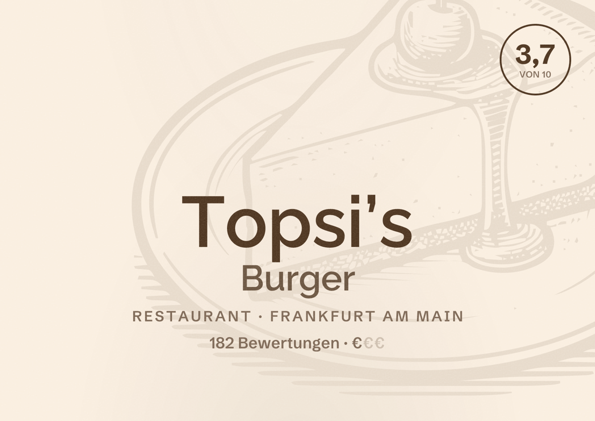 Illustriertes Poster von Topsi’s Burger, Restaurant in Frankfurt am Main: Bewertung 3,7 von 10 aus 182 Bewertungen, Preisniveau €