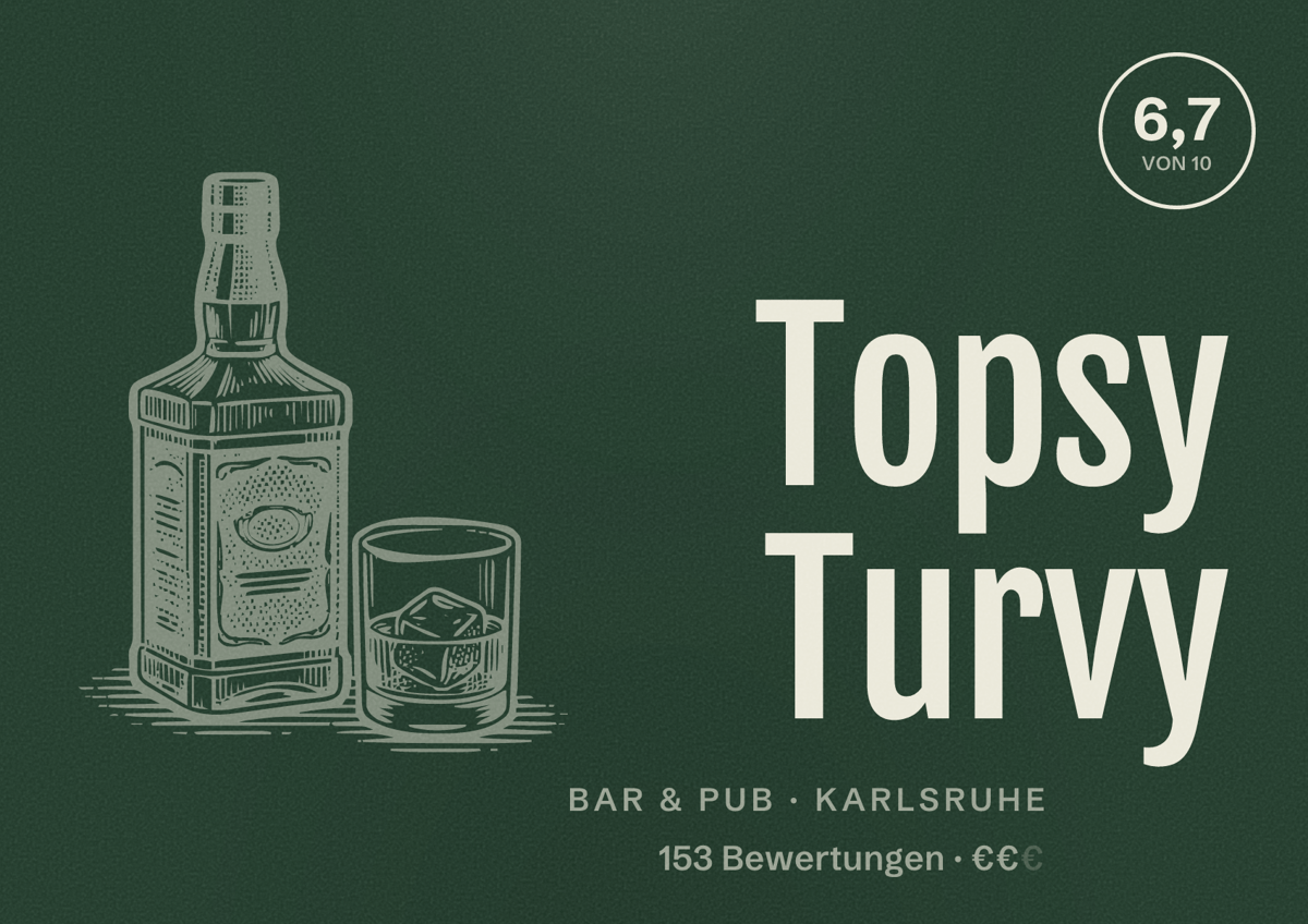 Illustriertes Poster von Topsy Turvy, Bar & Pub in Karlsruhe: Gästebewertung 6,7 von 10 aus 153 Bewertungen
