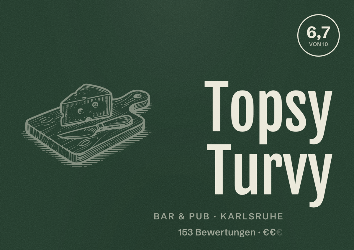 Illustriertes Poster von Topsy Turvy, Bar & Pub in Karlsruhe: Gästebewertung 6,7 von 10 aus 153 Bewertungen