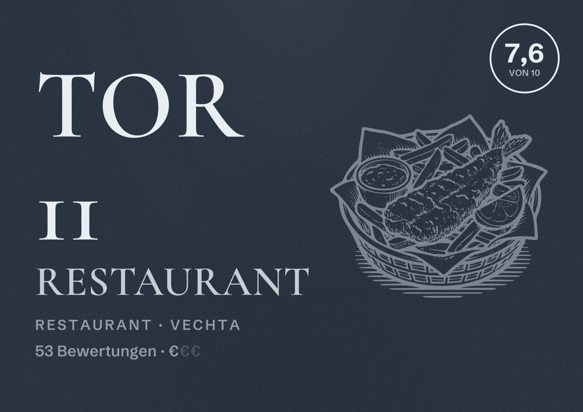 Illustriertes Poster von Tor 11 Restaurant, Restaurant in Vechta: Bewertung 7,6 von 10 aus 53 Bewertungen, Preisniveau €