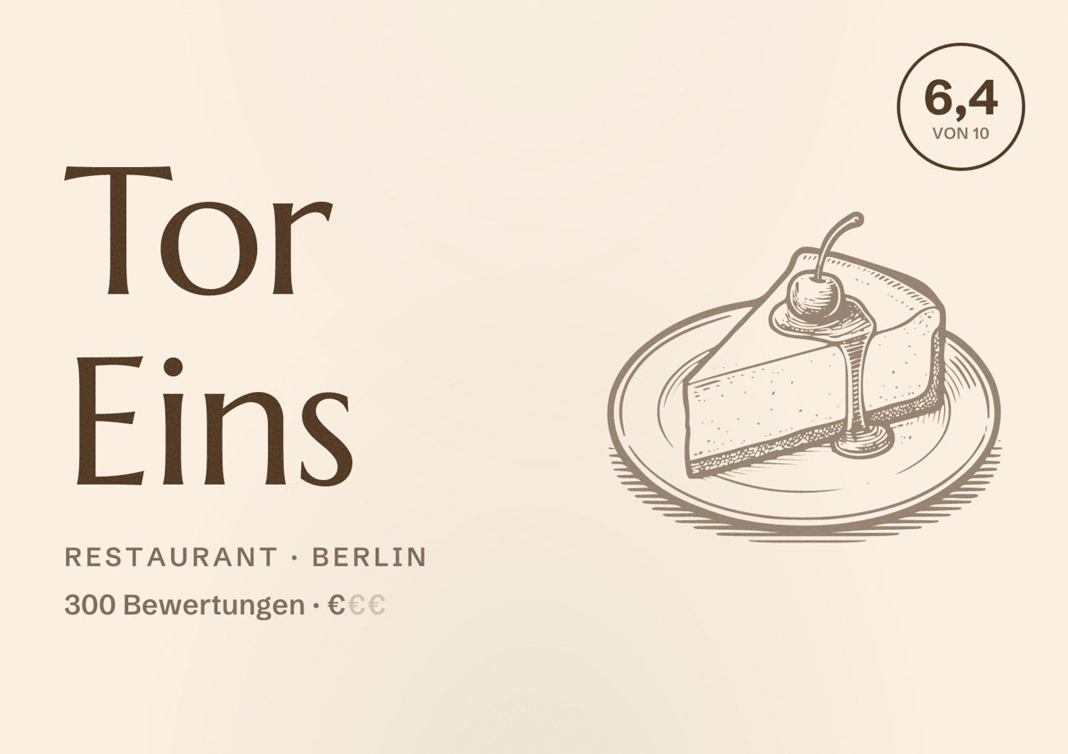 Illustriertes Poster von Tor Eins, Restaurant in Berlin: Bewertung 6,4 von 10 aus 300 Bewertungen, Preisniveau €