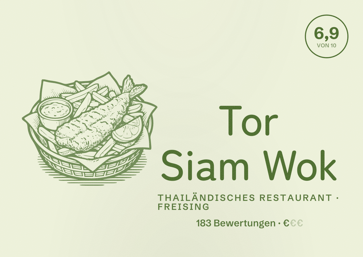 Illustriertes Poster von Tor Siam Wok, Thailändisches Restaurant in Freising: Bewertung 6,9 von 10 aus 183 Bewertungen, Preisniveau €