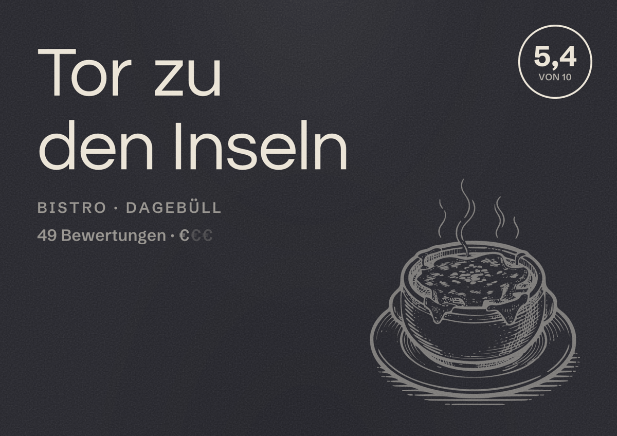 Illustriertes Poster von Tor zu den Inseln, Bistro in Dagebüll: Bewertung 5,4 von 10 aus 49 Bewertungen, Preisniveau €