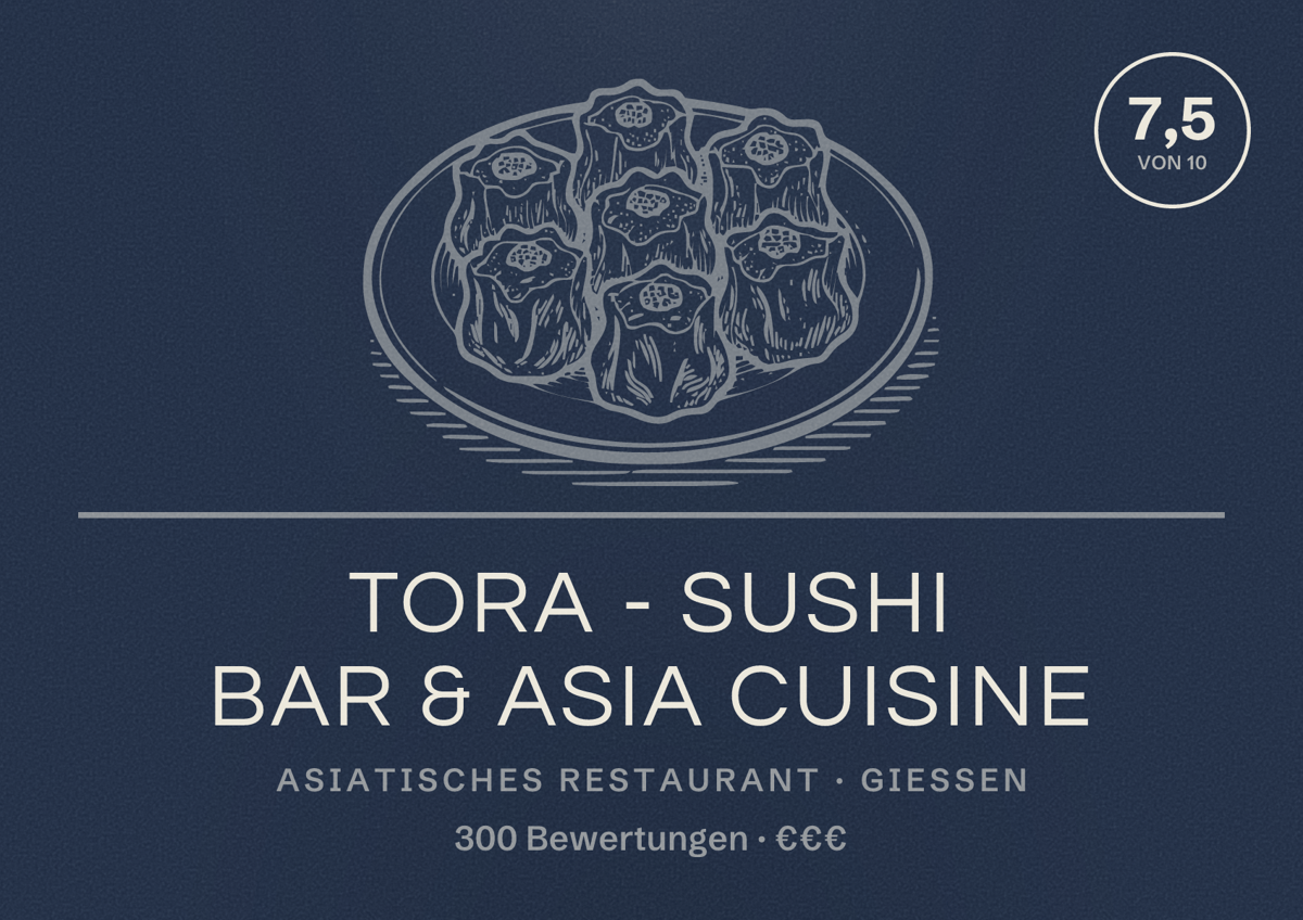 Illustriertes Poster von Tora - Sushi Bar & Asia Cuisine, Asiatisches Restaurant in Gießen: Bewertung 7,5 von 10 aus 300 Bewertungen, Preisniveau €€€