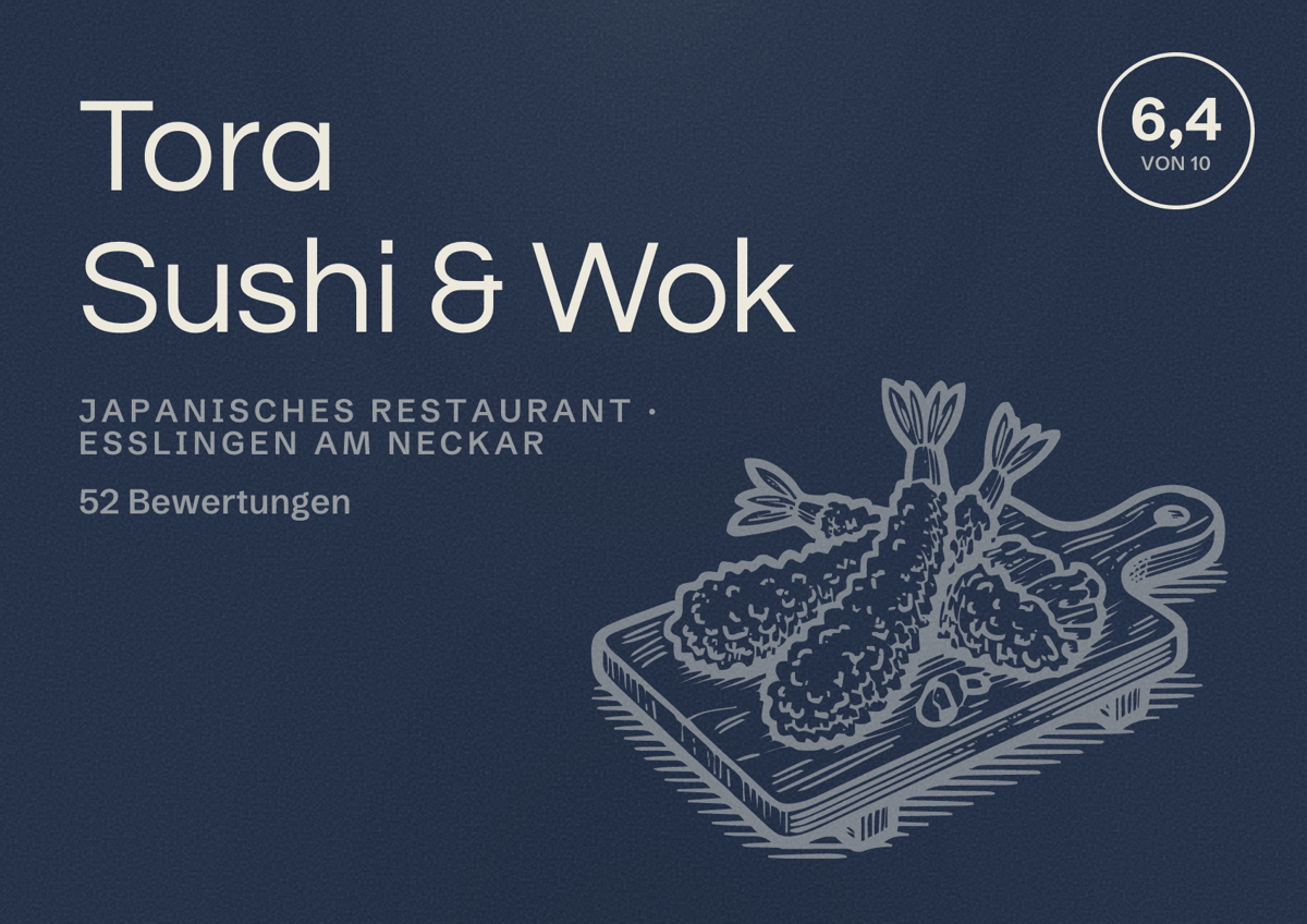 Illustriertes Poster von Tora Sushi & Wok, Japanisches Restaurant in Esslingen am Neckar: Bewertung 6,4 von 10 aus 52 Bewertungen
