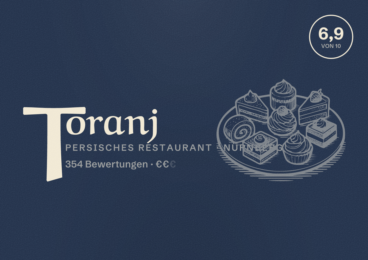 Illustriertes Poster von Toranj, Persisches Restaurant in Nürnberg: Bewertung 6,9 von 10 aus 354 Bewertungen, Preisniveau €€