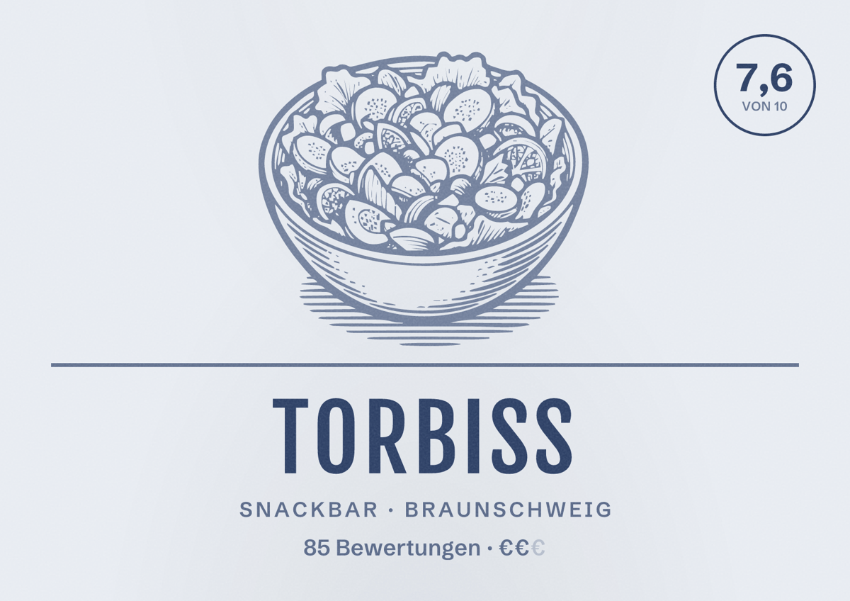 Illustriertes Poster von TorBiss, Snackbar in Braunschweig: Bewertung 7,6 von 10 aus 85 Bewertungen, Preisniveau €€