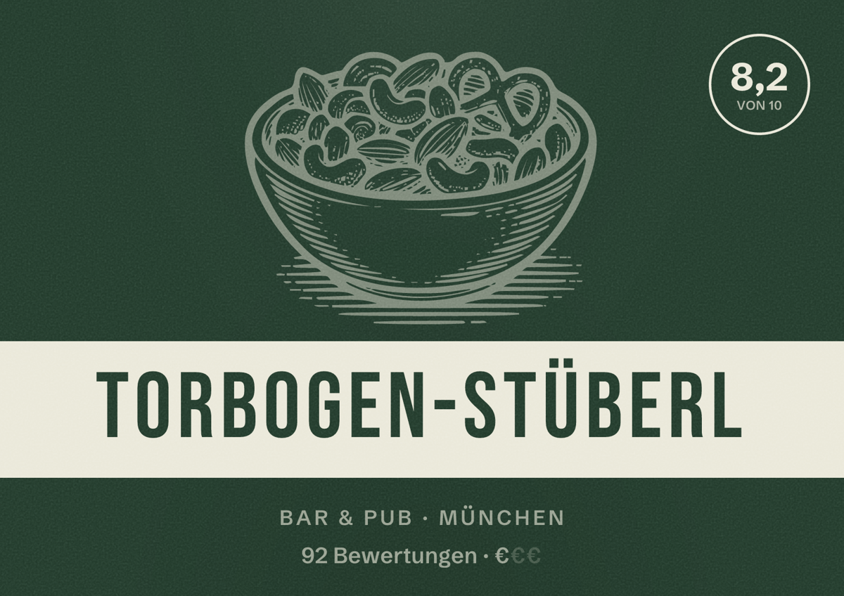 Illustriertes Poster von Torbogen-Stüberl, Bar & Pub in München: Bewertung 8,2 von 10 aus 92 Bewertungen, Preisniveau €