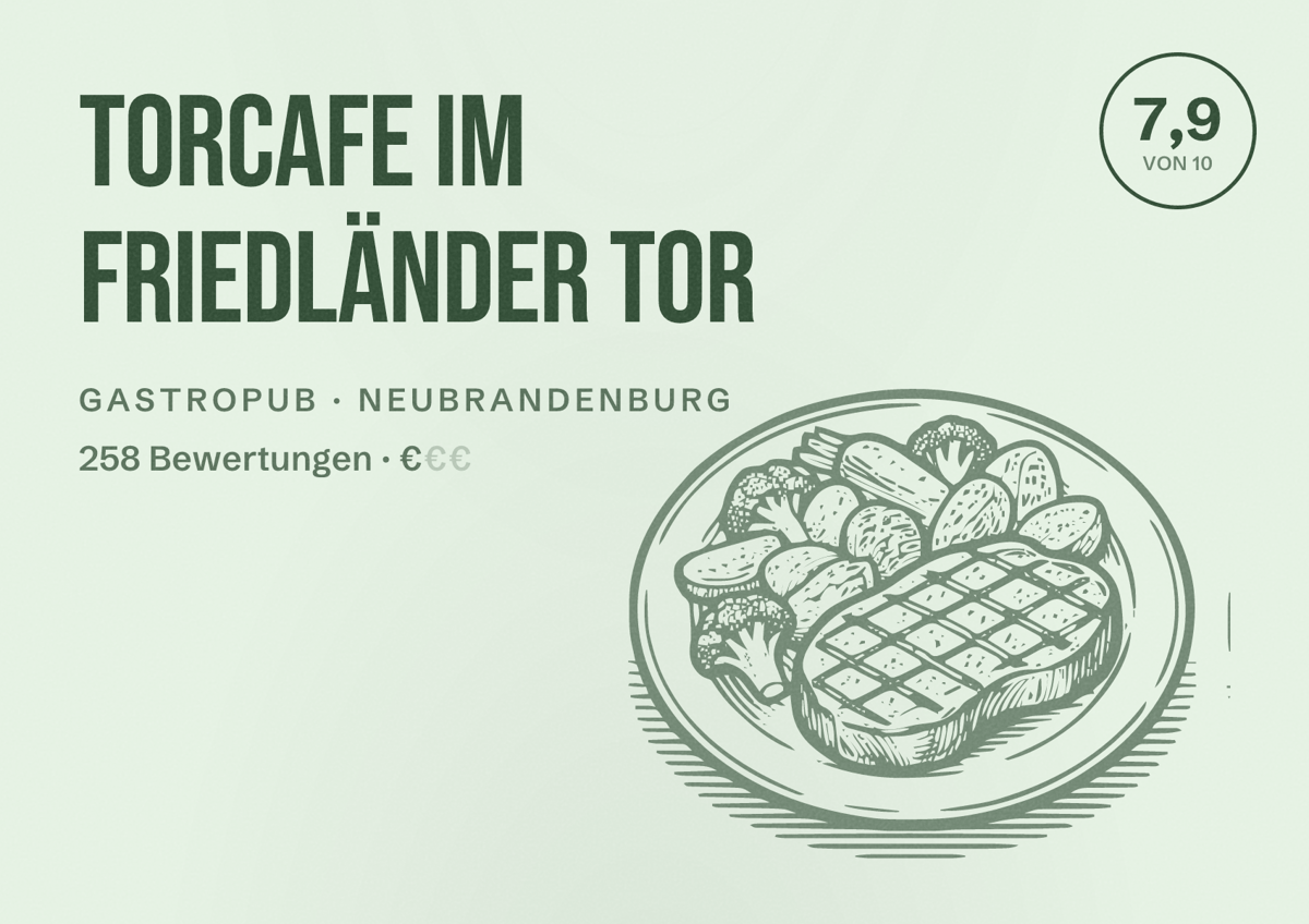 Illustriertes Poster von Torcafe im Friedländer Tor, Gastropub in Neubrandenburg: Bewertung 7,9 von 10 aus 258 Bewertungen, Preisniveau €