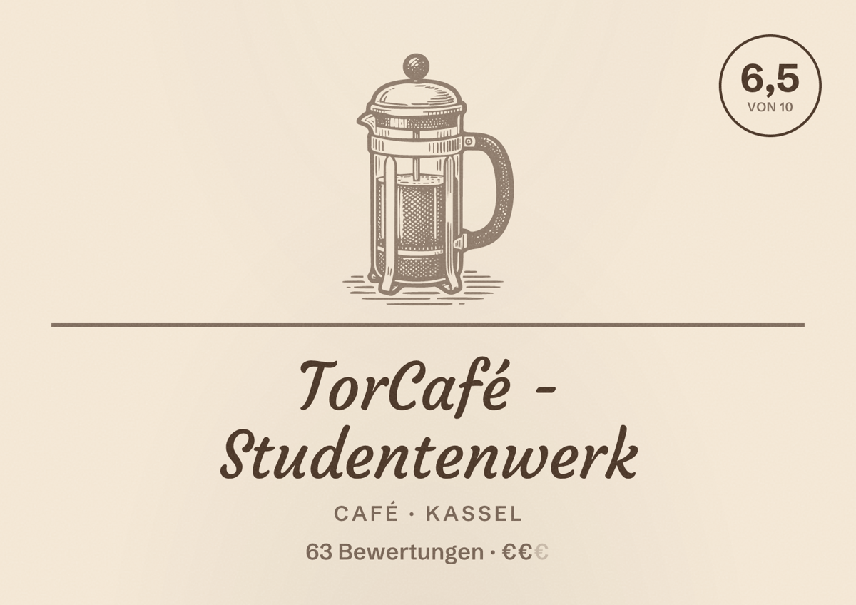 Illustriertes Poster von TorCafé - Studentenwerk, Café in Kassel: Bewertung 6,5 von 10 aus 63 Bewertungen, Preisniveau €€