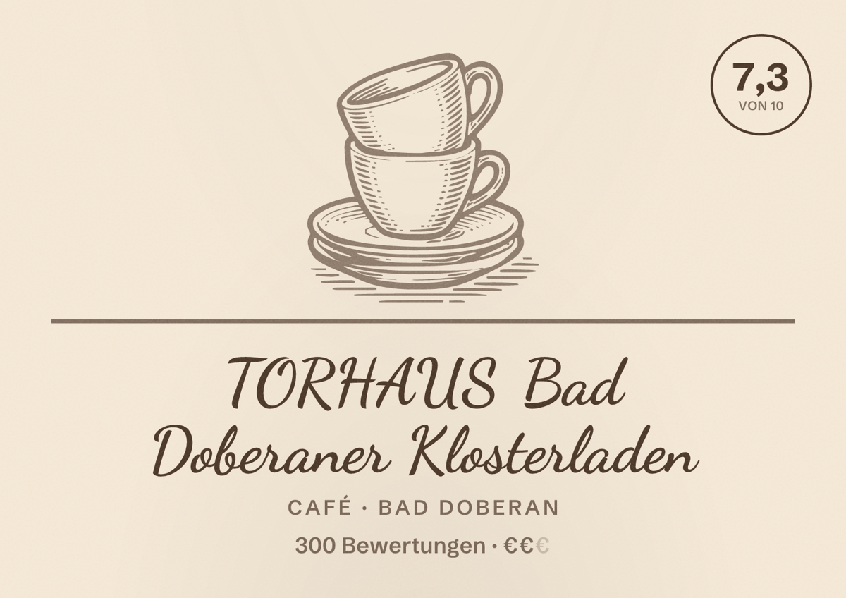 Illustriertes Poster von TORHAUS Bad Doberaner Klosterladen, Café in Bad Doberan: Bewertung 7,3 von 10 aus 300 Bewertungen, Preisniveau €€