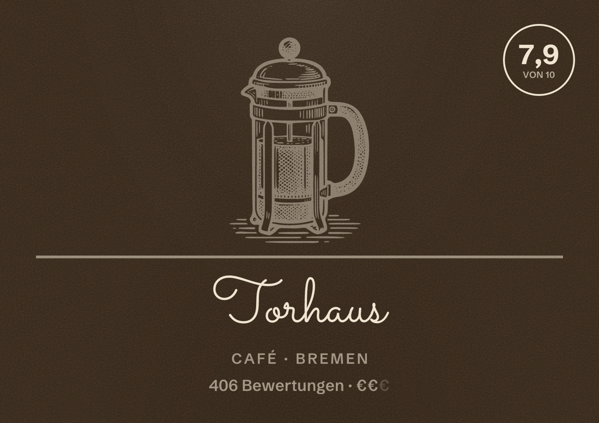 Illustriertes Poster von Torhaus, Café in Bremen: Bewertung 7,9 von 10 aus 406 Bewertungen, Preisniveau €€