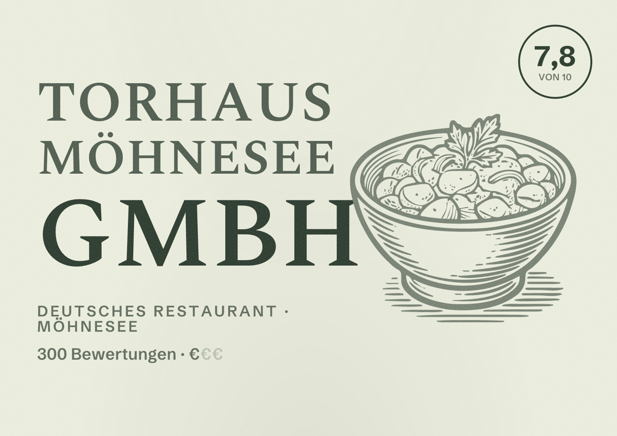 Illustriertes Poster von TORHAUS Möhnesee GmbH, Deutsches Restaurant in Möhnesee: Bewertung 7,8 von 10 aus 300 Bewertungen, Preisniveau €