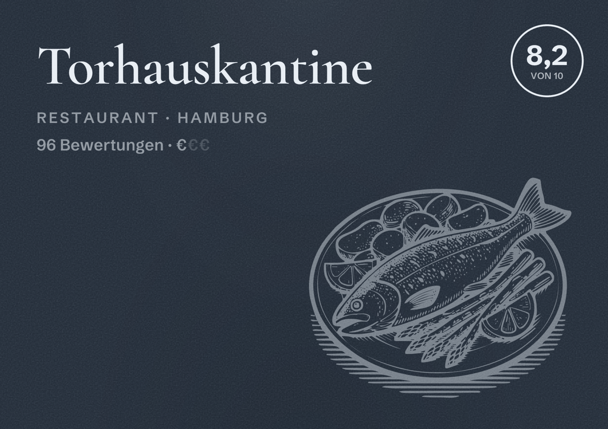 Illustriertes Poster von Torhauskantine, Restaurant in Hamburg: Bewertung 8,2 von 10 aus 96 Bewertungen, Preisniveau €