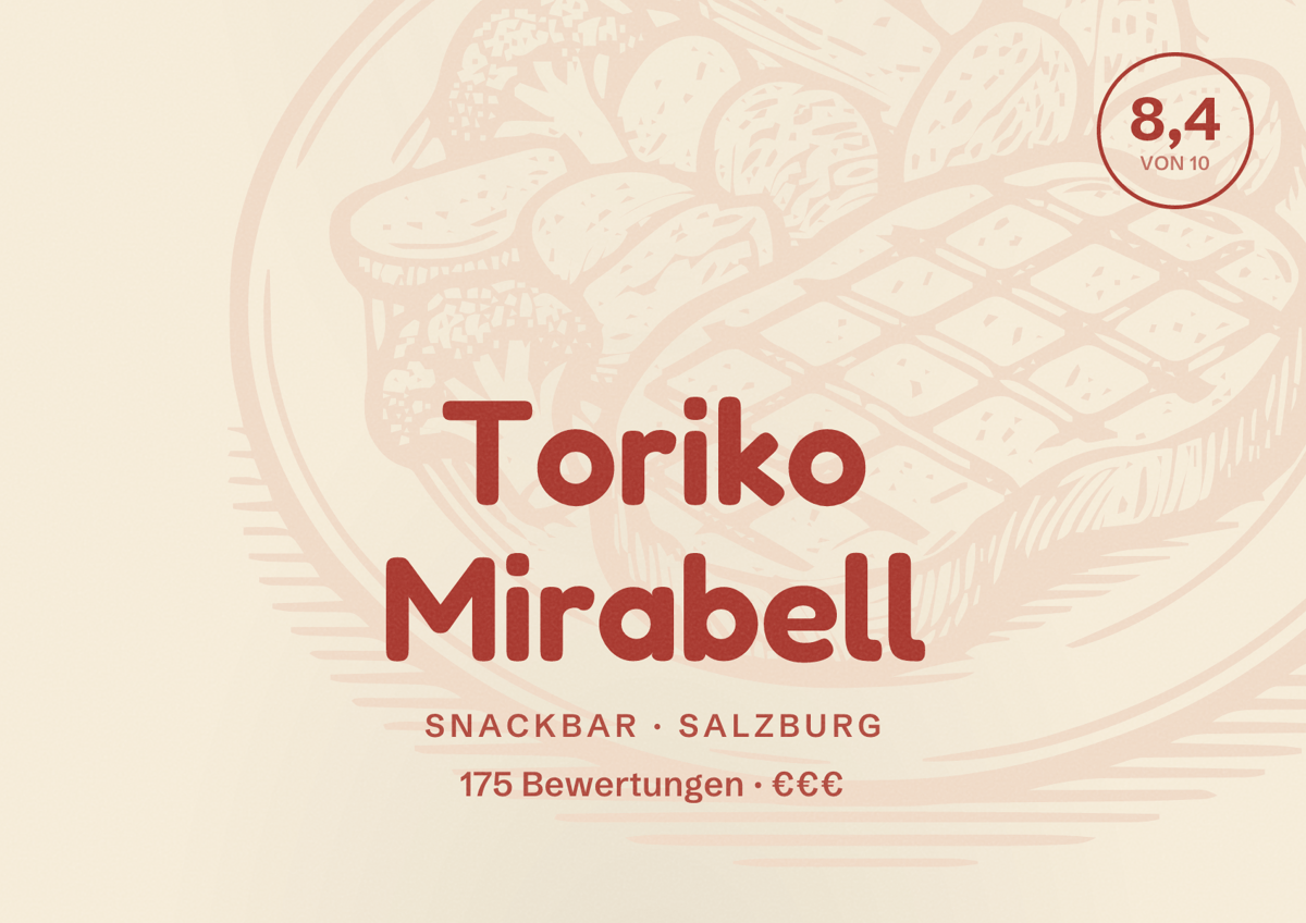 Illustriertes Poster von Toriko Mirabell, Snackbar in Salzburg: Bewertung 8,4 von 10 aus 175 Bewertungen, Preisniveau €€€