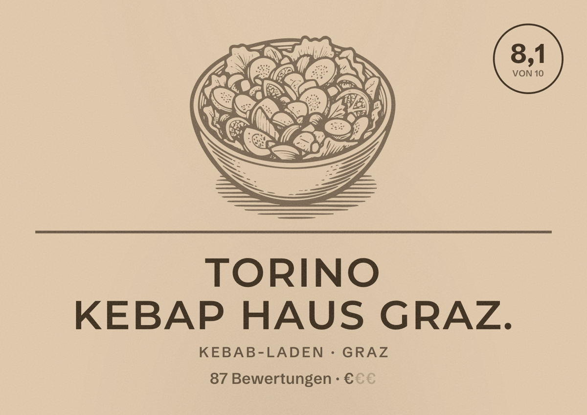 Illustriertes Poster von Torino Kebap Haus Graz., Kebab-Laden in Graz: Bewertung 8,1 von 10 aus 87 Bewertungen, Preisniveau €