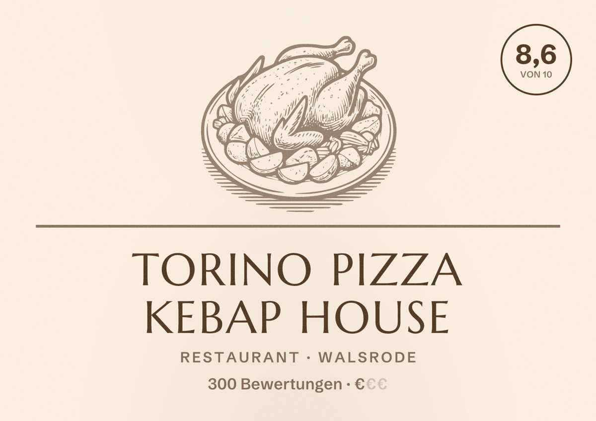 Illustriertes Poster von Torino Pizza Kebap House, Restaurant in Walsrode: Bewertung 8,6 von 10 aus 300 Bewertungen, Preisniveau €
