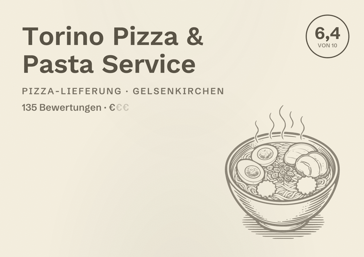 Illustriertes Poster von Torino Pizza & Pasta Service, Pizza-Lieferung in Gelsenkirchen: Bewertung 6,4 von 10 aus 135 Bewertungen, Preisniveau €