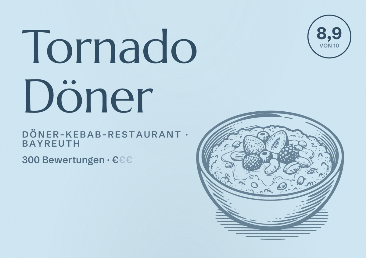Illustriertes Poster von Tornado Döner, Döner-Kebab-Restaurant in Bayreuth: Bewertung 8,9 von 10 aus 300 Bewertungen, Preisniveau €
