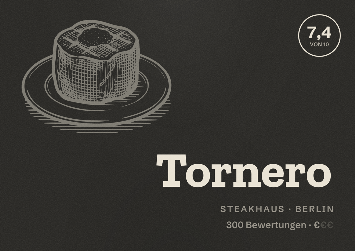 Illustriertes Poster von Tornero, Steakhaus in Berlin: Bewertung 7,4 von 10 aus 300 Bewertungen, Preisniveau €