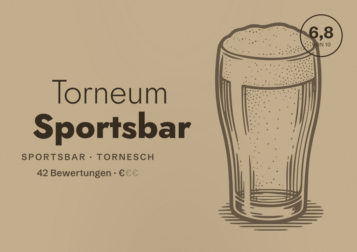 Illustriertes Poster von Torneum Sportsbar, Sportsbar in Tornesch: Bewertung 6,8 von 10 aus 42 Bewertungen, Preisniveau €