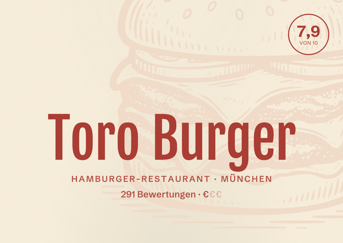 Illustriertes Poster von Toro Burger, Hamburger-Restaurant in München: Bewertung 7,9 von 10 aus 291 Bewertungen, Preisniveau €