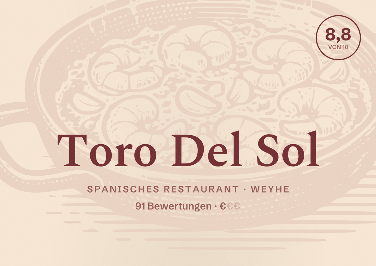 Illustriertes Poster von Toro Del Sol, Spanisches Restaurant in Weyhe: Bewertung 8,8 von 10 aus 91 Bewertungen, Preisniveau €