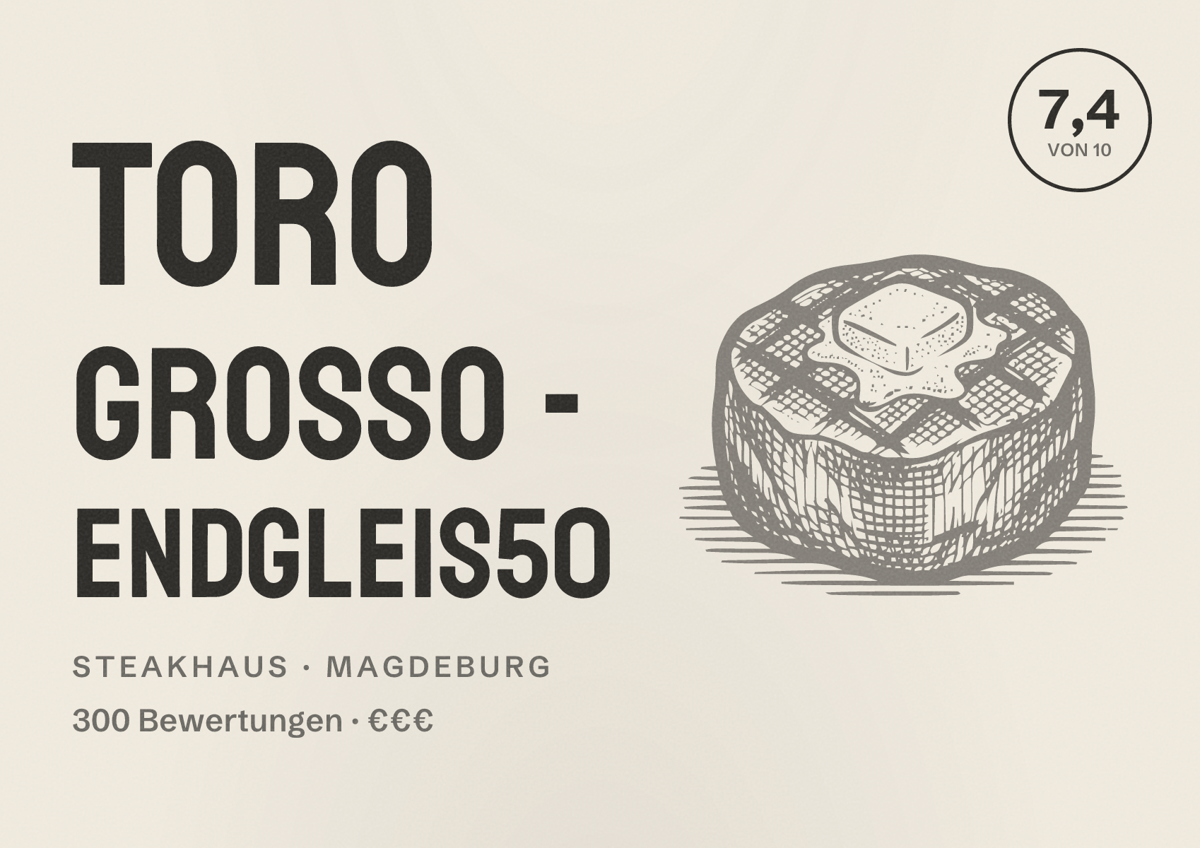 Illustriertes Poster von Toro Grosso - Endgleis50, Steakhaus in Magdeburg: Bewertung 7,4 von 10 aus 300 Bewertungen, Preisniveau €€€