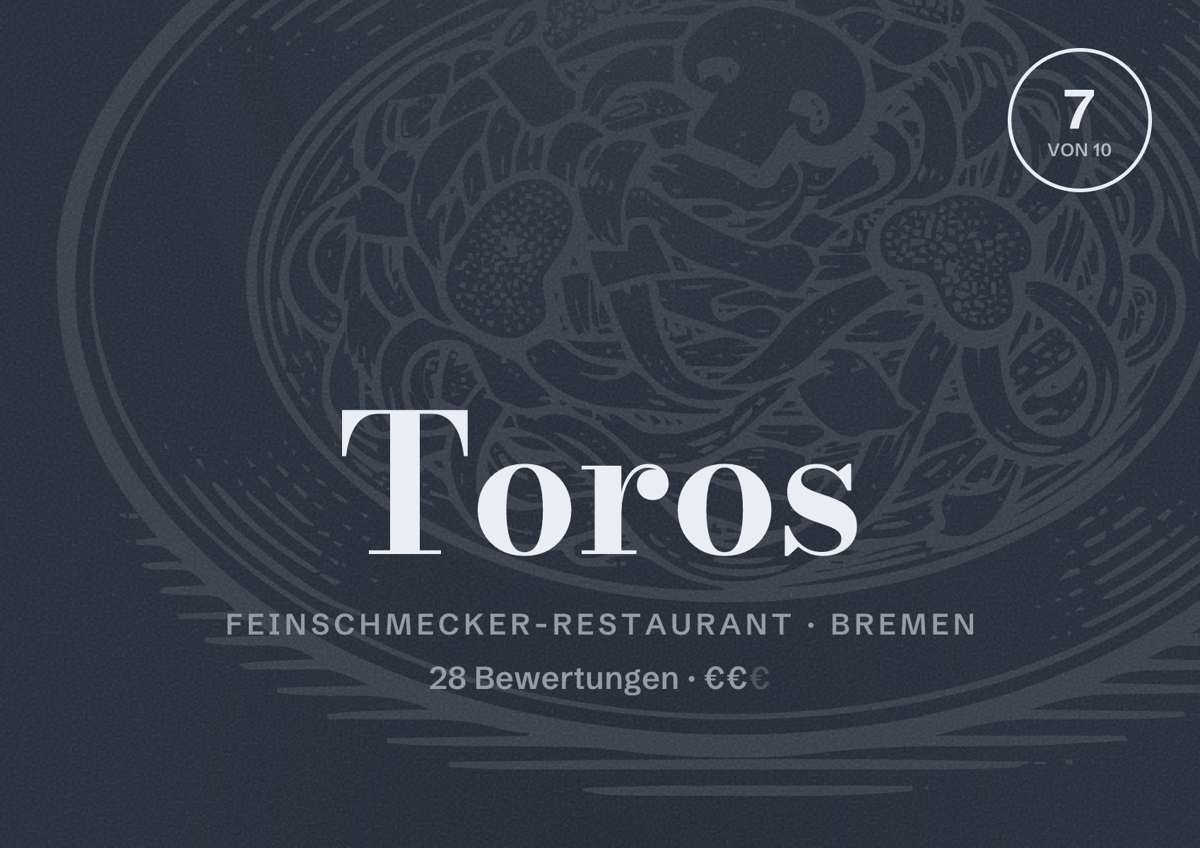 Illustriertes Poster von Toros, Feinschmecker-Restaurant in Bremen: Bewertung 7 von 10 aus 28 Bewertungen, Preisniveau €€