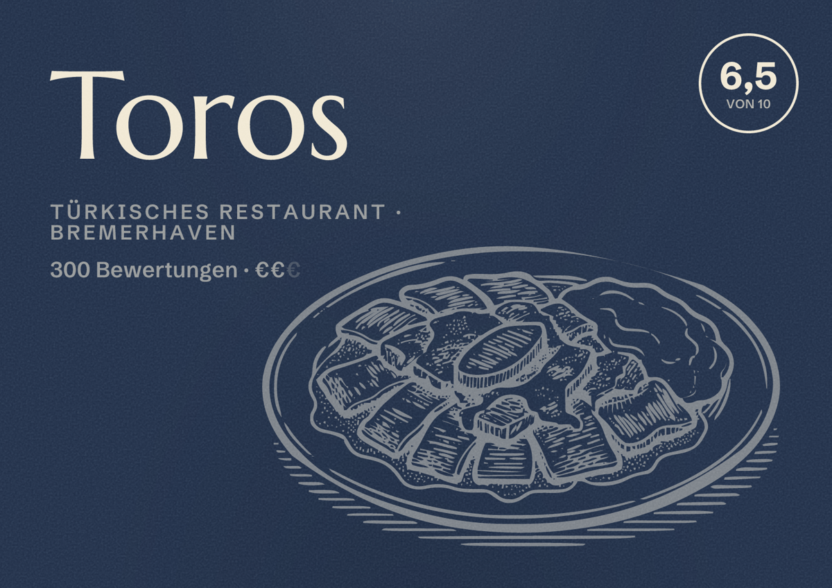 Illustriertes Poster von Toros, Türkisches Restaurant in Bremerhaven: Bewertung 6,5 von 10 aus 300 Bewertungen, Preisniveau €€