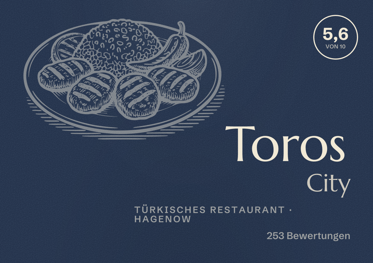Illustriertes Poster von Toros City, Türkisches Restaurant in Hagenow: Bewertung 5,6 von 10 aus 253 Bewertungen