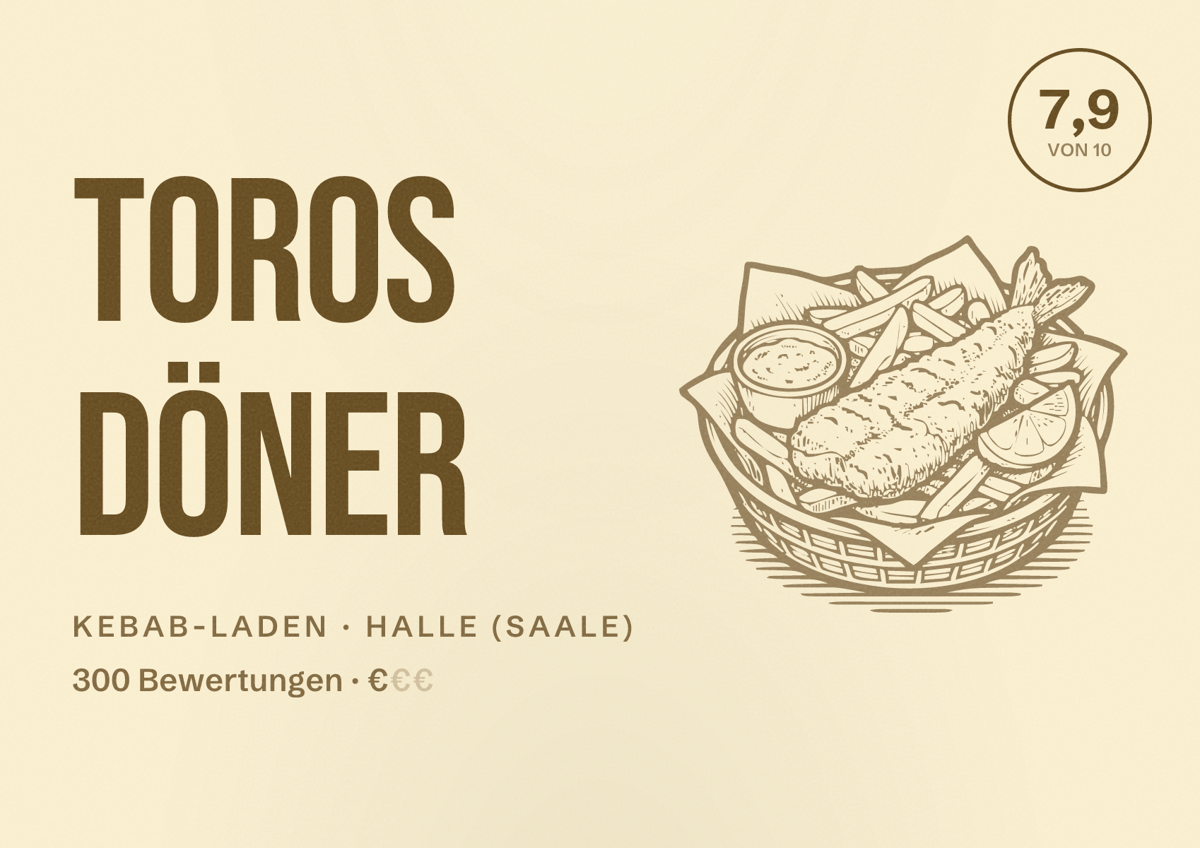 Illustriertes Poster von Toros Döner, Kebab-Laden in Halle (Saale): Bewertung 7,9 von 10 aus 300 Bewertungen, Preisniveau €