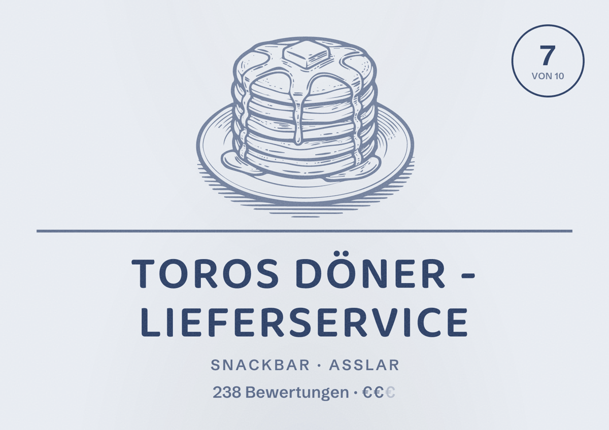 Illustriertes Poster von Toros Döner - Lieferservice, Snackbar in Aßlar: Bewertung 7 von 10 aus 238 Bewertungen, Preisniveau €€