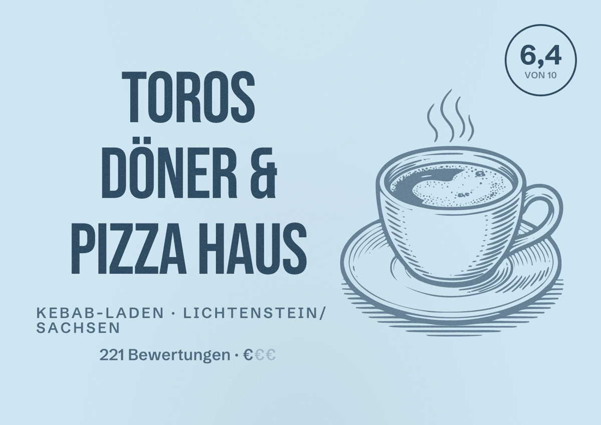 Illustriertes Poster von Toros Döner & Pizza Haus, Kebab-Laden in Lichtenstein/Sachsen: Bewertung 6,4 von 10 aus 221 Bewertungen, Preisniveau €