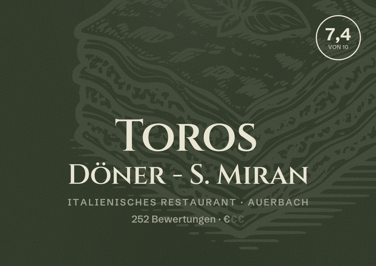 Illustriertes Poster von Toros Döner - S. Miran, Italienisches Restaurant in Auerbach: Bewertung 7,4 von 10 aus 252 Bewertungen, Preisniveau €