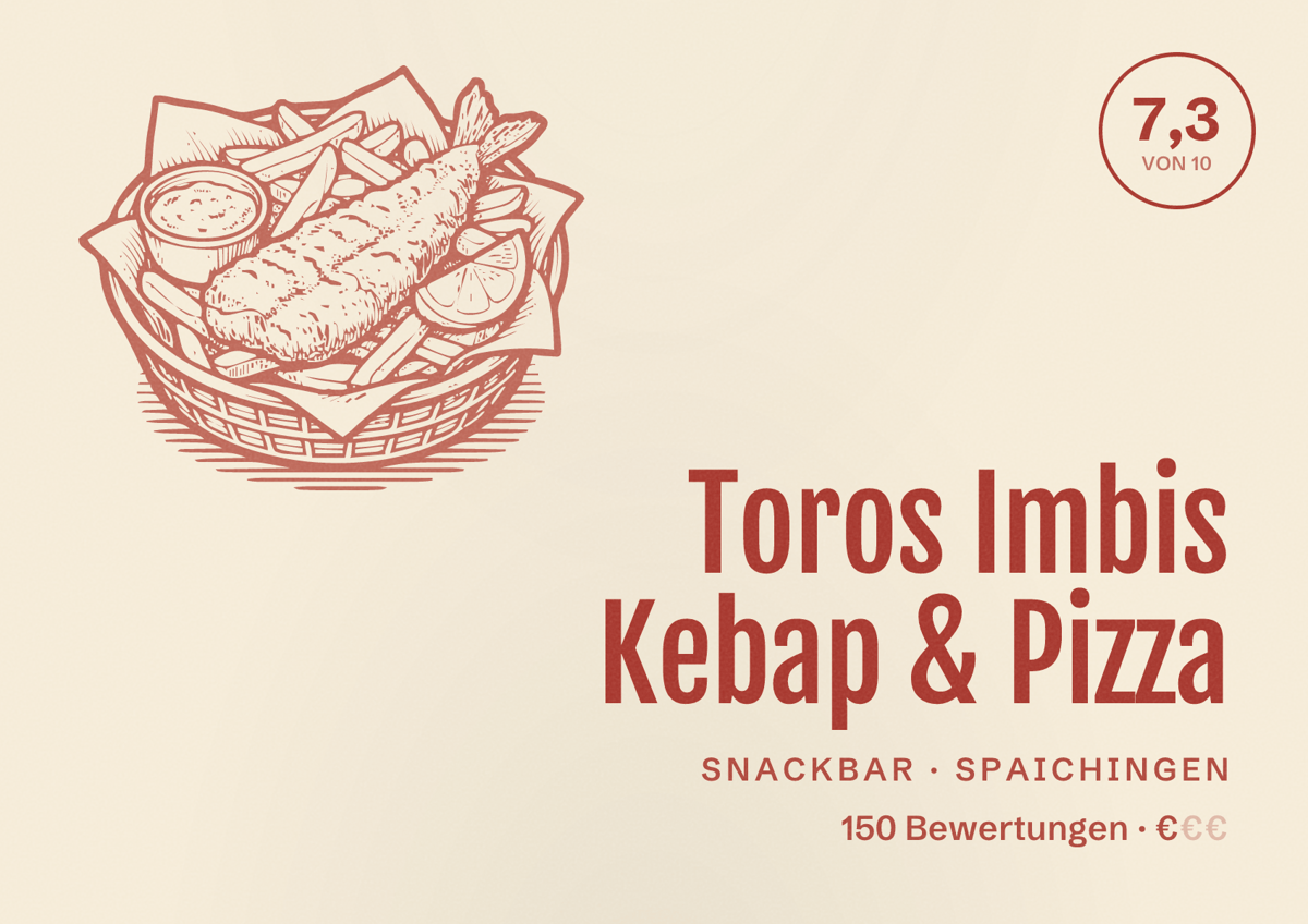 Illustriertes Poster von Toros Imbis Kebap & Pizza, Snackbar in Spaichingen: Bewertung 7,3 von 10 aus 150 Bewertungen, Preisniveau €