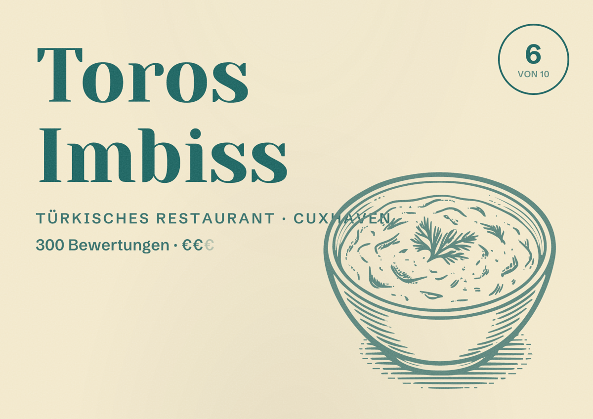 Illustriertes Poster von Toros Imbiss, Türkisches Restaurant in Cuxhaven: Bewertung 6 von 10 aus 300 Bewertungen, Preisniveau €€