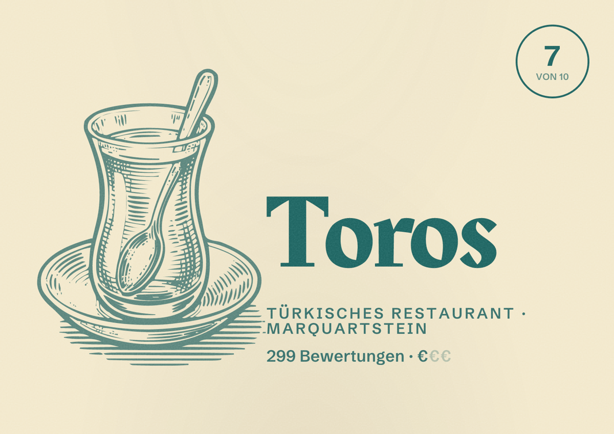 Illustriertes Poster von Toros, Türkisches Restaurant in Marquartstein: Bewertung 7 von 10 aus 299 Bewertungen, Preisniveau €