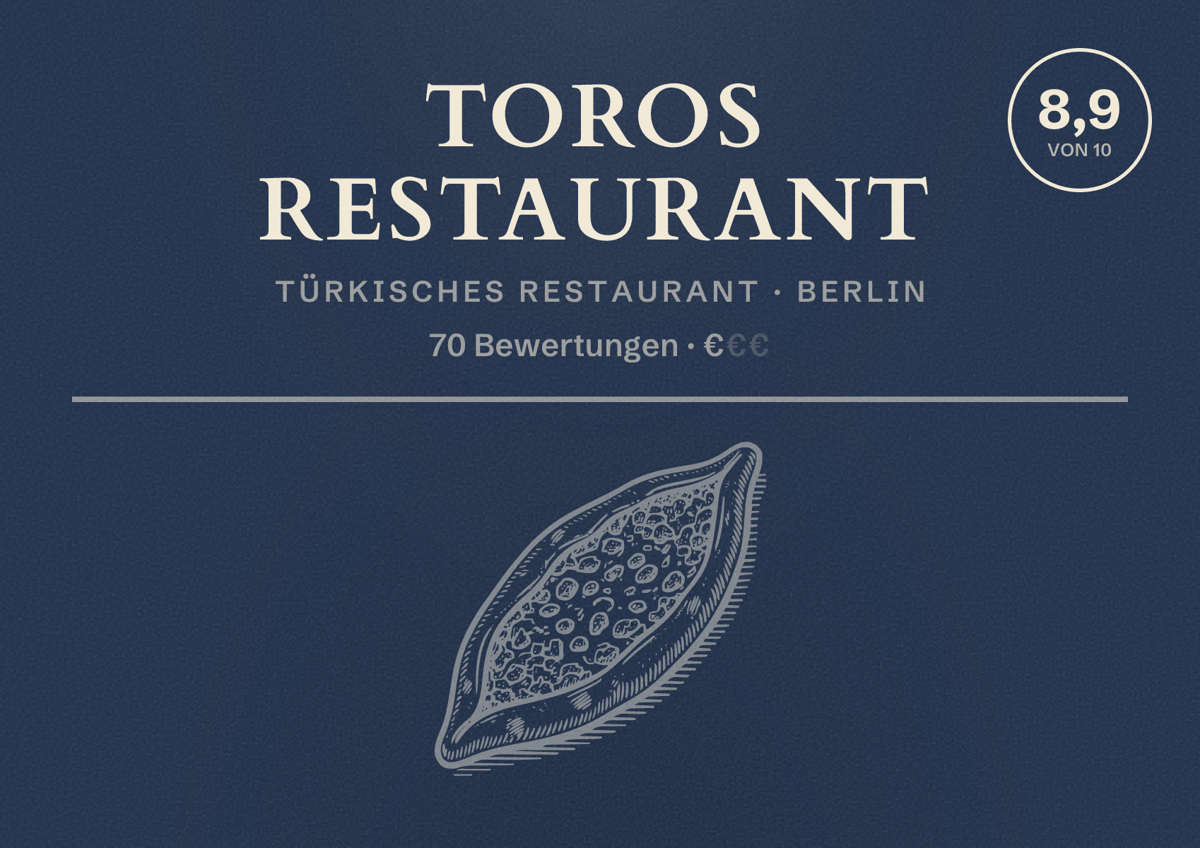 Illustriertes Poster von Toros Restaurant, Türkisches Restaurant in Berlin: Bewertung 8,9 von 10 aus 70 Bewertungen, Preisniveau €