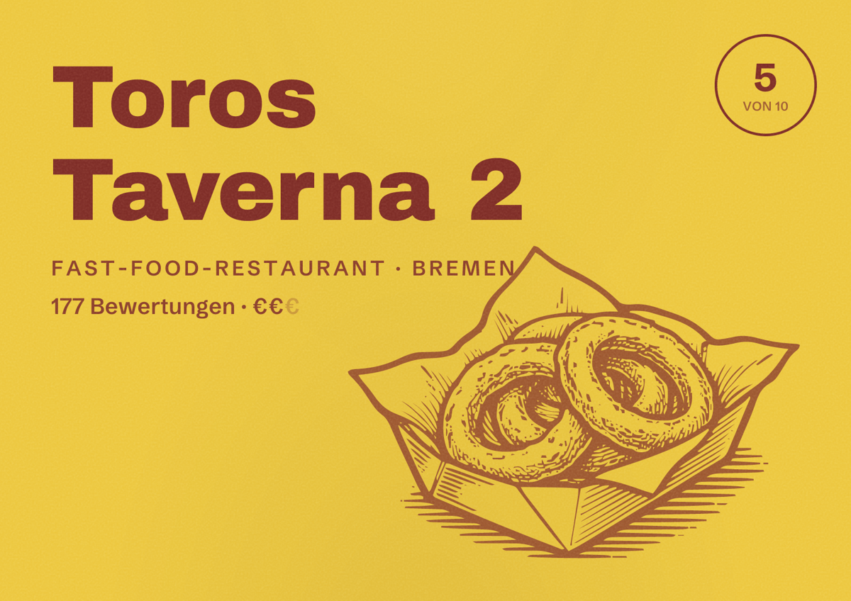 Illustriertes Poster von Toros Taverna 2, Fast-Food-Restaurant in Bremen: Bewertung 5 von 10 aus 177 Bewertungen, Preisniveau €€