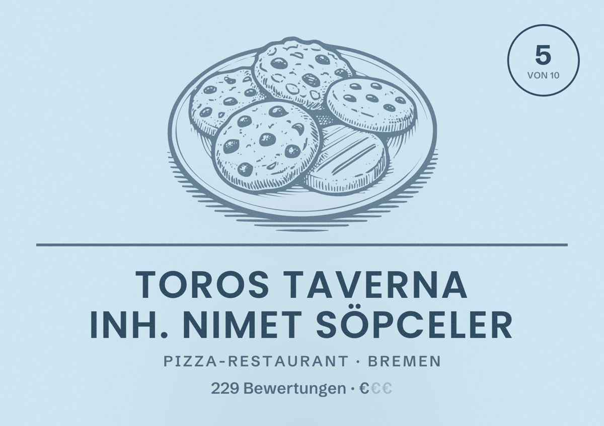 Illustriertes Poster von Toros Taverna Inh. Nimet Söpceler, Pizza-Restaurant in Bremen: Bewertung 5 von 10 aus 229 Bewertungen, Preisniveau €