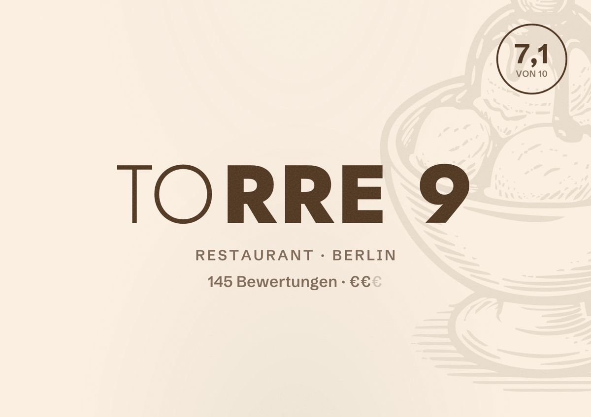 Illustriertes Poster von Torre 9, Restaurant in Berlin: Bewertung 7,1 von 10 aus 145 Bewertungen, Preisniveau €€