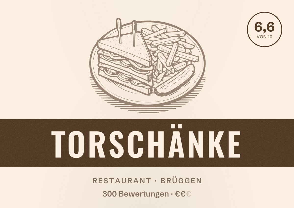 Illustriertes Poster von Torschänke, Restaurant in Brüggen: Bewertung 6,6 von 10 aus 300 Bewertungen, Preisniveau €€