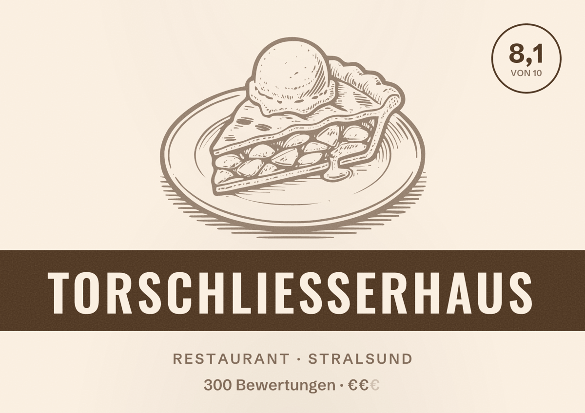Illustriertes Poster von Torschließerhaus, Restaurant in Stralsund: Bewertung 8,1 von 10 aus 300 Bewertungen, Preisniveau €€